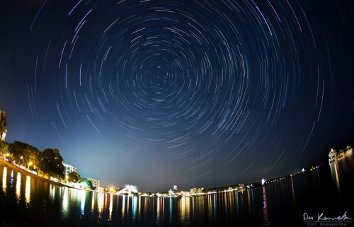 star trail photo over a city